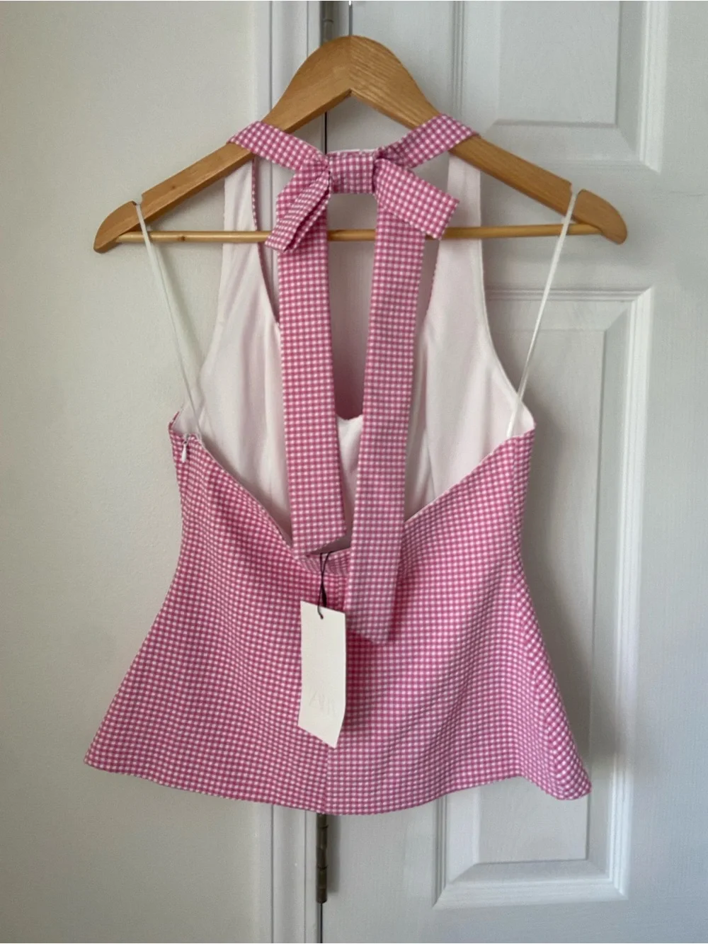 Zara Pink Gingham Halter Bow Knit Top Sz m - Picture 6 of 6